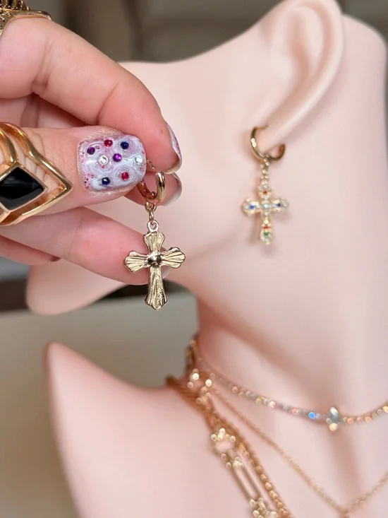 Gold Cross Pendant Huggie Earring with Multicolor Stones - Picture 6 of 12